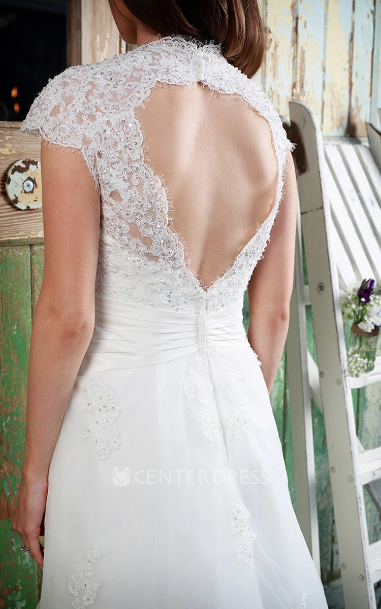 A-Line Beaded V-Neck Cap-Sleeve Lace Wedding Dress With Keyhole