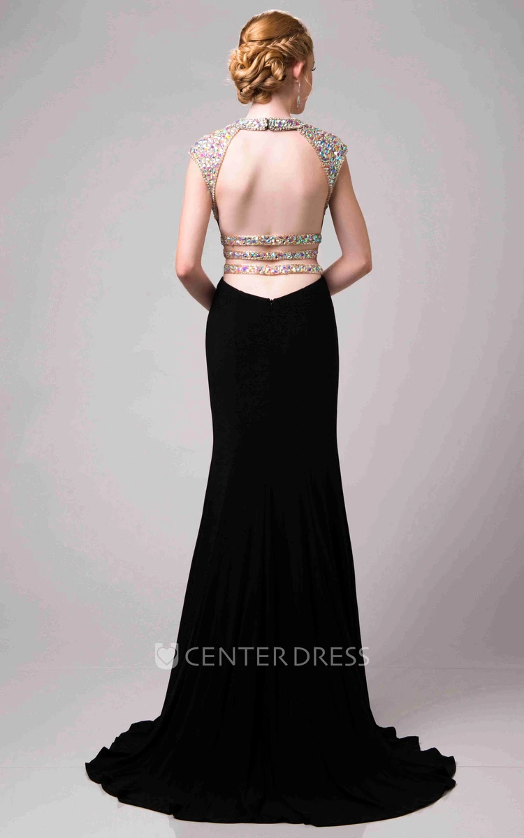 Side Slit Jewel Neck Chiffon Prom Dress Featuring Glimmering Waist And Shoulder