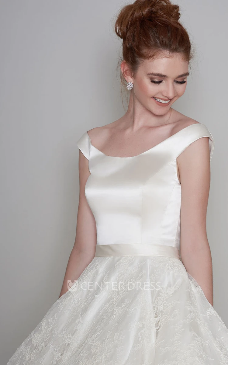 Simple Satin and Lace Off-the-shoulder Low-V Back Tea-length Wedding Dress