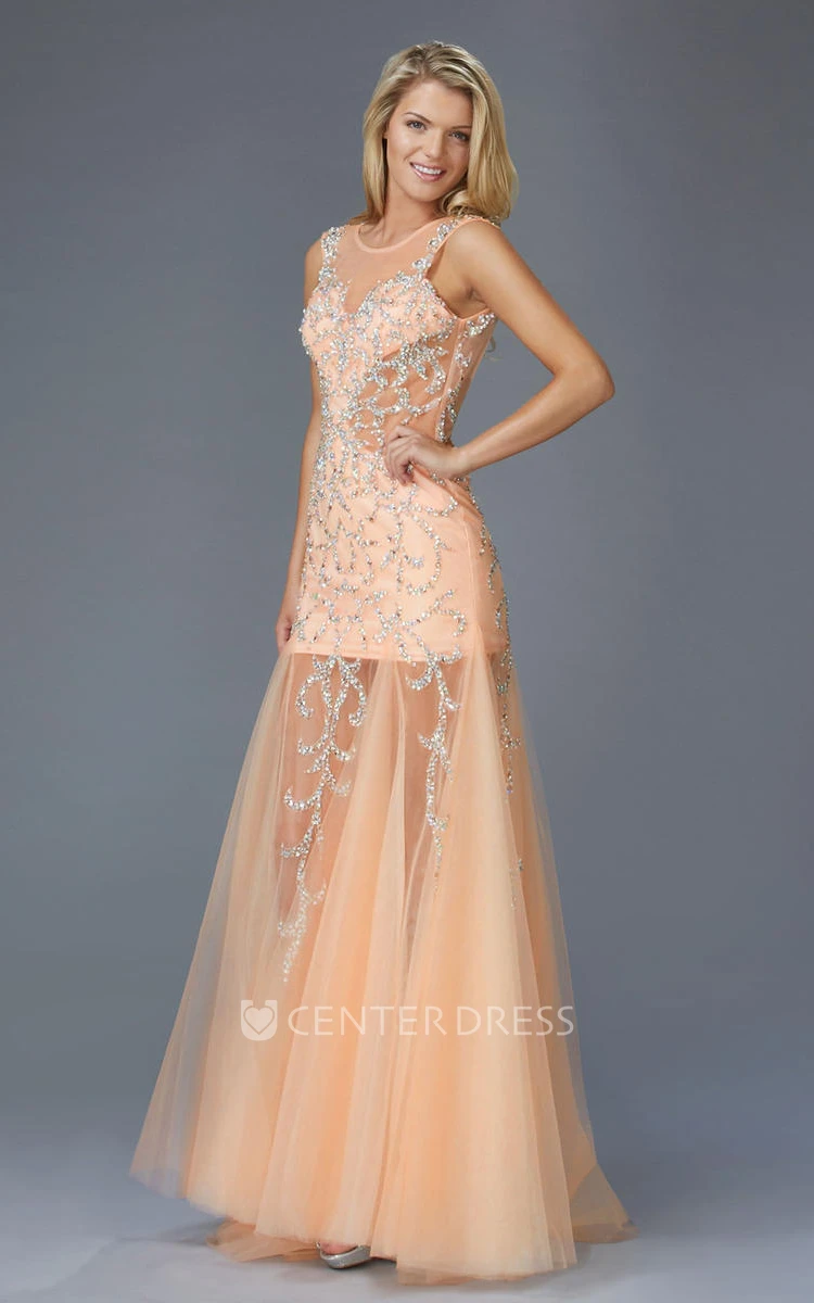 A-Line Maxi Scoop-Neck Sleeveless Tulle Low-V Back Dress With Beading