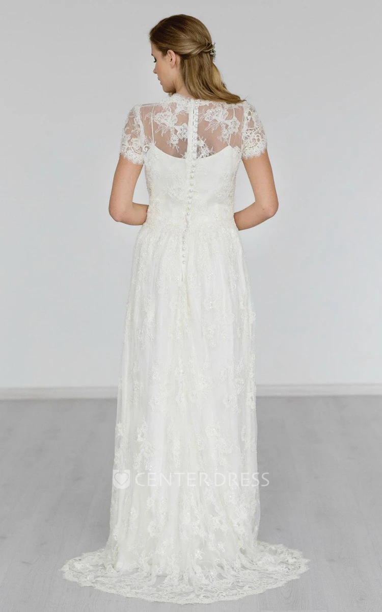 Boho High Neck Cap Sleeve A-Line Lace Wedding Dress With Brush Train