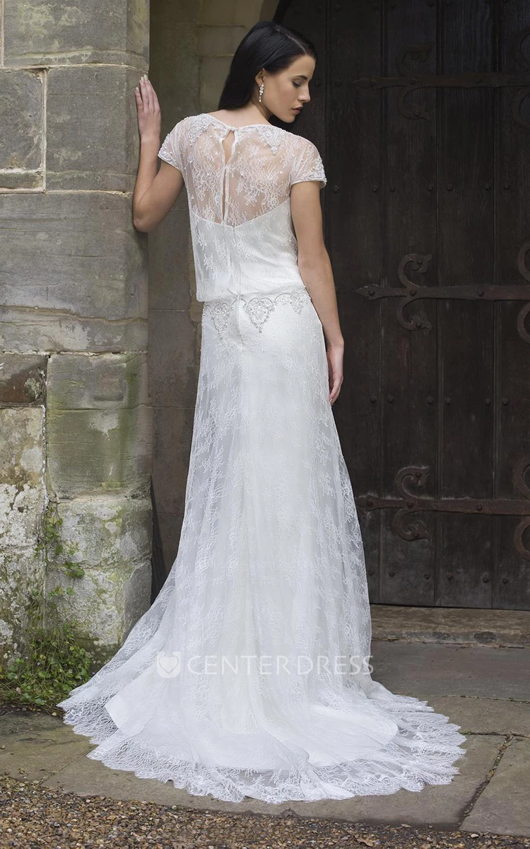 Sheath Long T-Shirt-Sleeve Bateau-Neck Lace Wedding Dress With Beading And Illusion