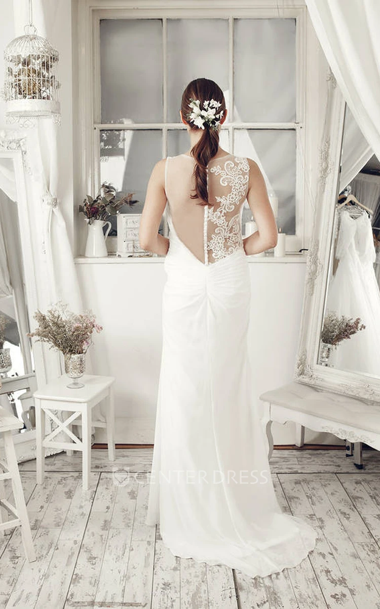 Sheath Scoop Sleeveless Criss-Cross Floor-Length Chiffon Wedding Dress With Illusion Back And Appliques