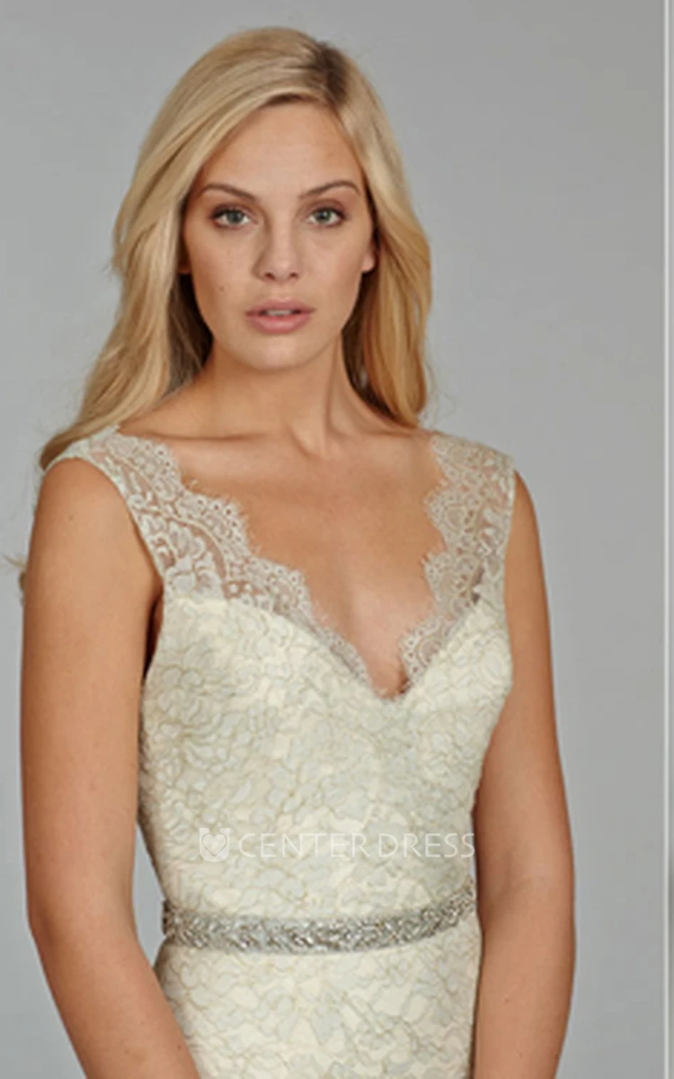 Delicate V-Neck Floor Length Lace Gown With Crystal Ribbon Belt