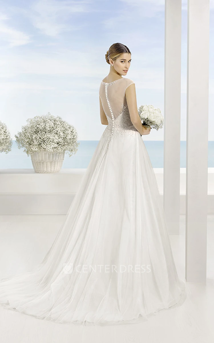A-Line Scoop-Neck Long-Sleeveless Tulle Wedding Dress With Beading And Illusion