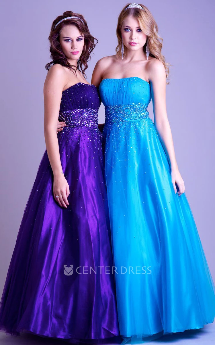 A-Line Sleeveless Long Strapless Ruched Tulle&Satin Prom Dress With Beading