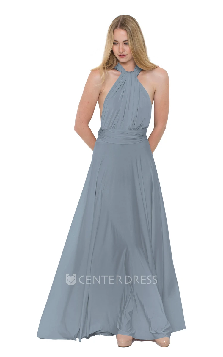 Floor-Length V-Neck Ruched Sleeveless Chiffon Muti-Color Convertible Bridesmaid Dress With Straps