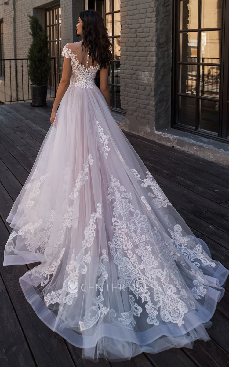 Ethereal A Line Lace and Tulle V-neck Chapel Train Wedding Dress with Appliques 