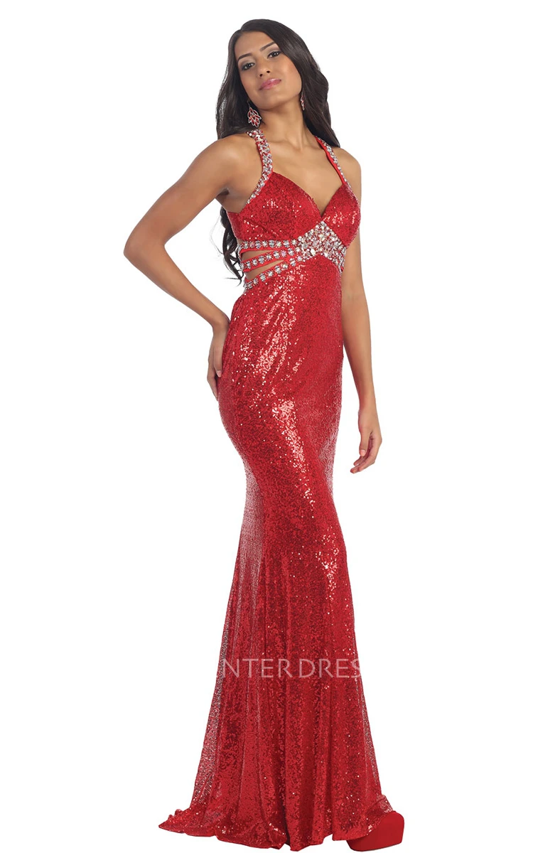 Pencil Floor-Length Straps Sleeveless Sequins Dress With Beading