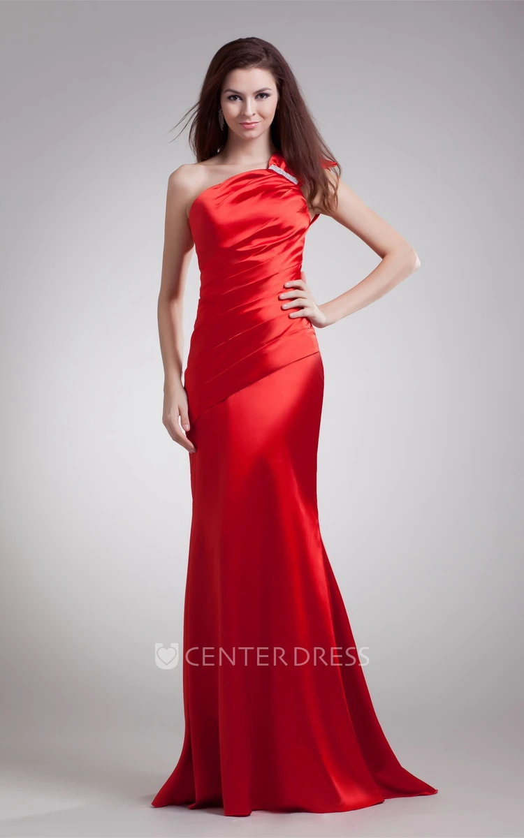 Sheath Satin One-Shoulder Evening Dress with Ruched Bodice