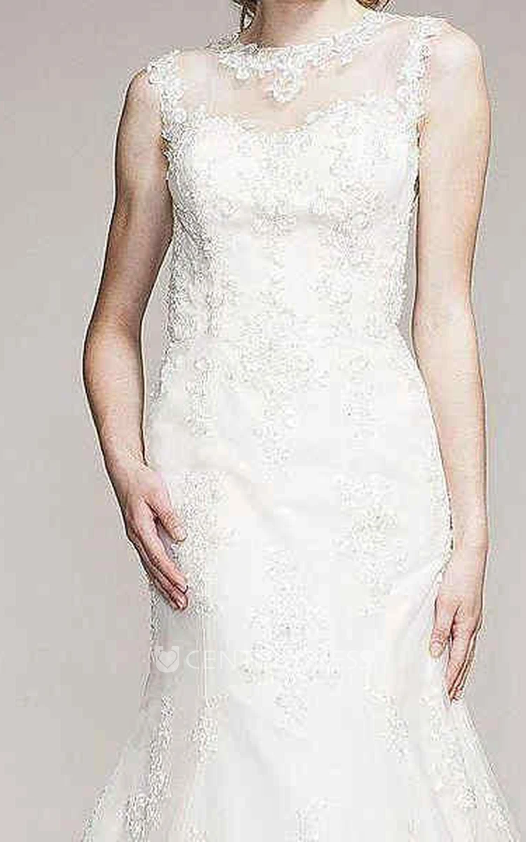Trumpet Sleeveless Jewel-Neck Long Appliqued Lace Wedding Dress