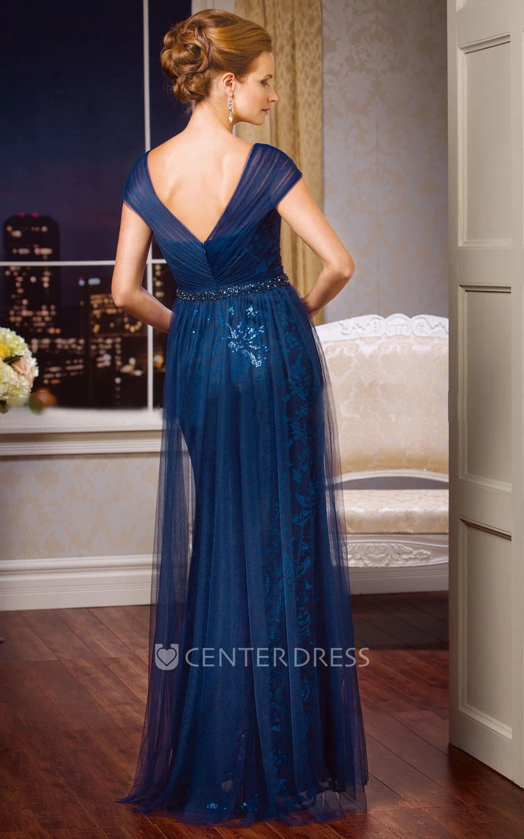 Cap-Sleeved V-Neck Long Mother Of The Bride Dress With Sequins And Tulle Overlay