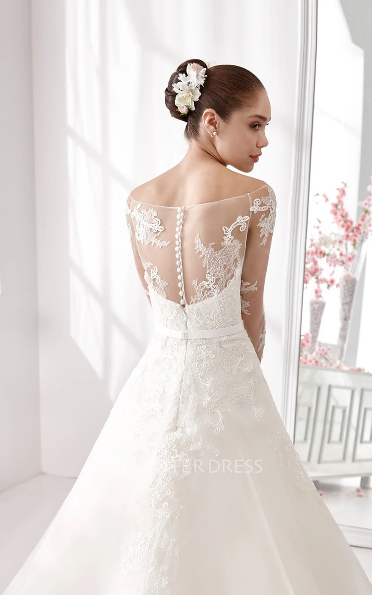 3-4-Sleeve A-Line Wedding Gown With Lace Bodice And Satin Sash