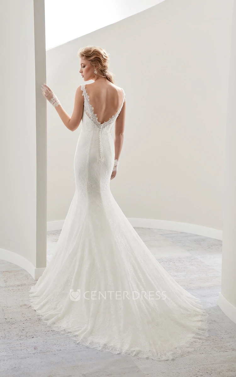 V-neck Cap sleeve Sheath Wedding Gown with Open Back and Illusive Lace Straps
