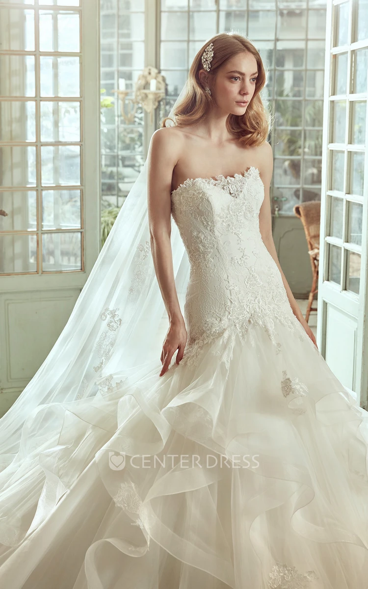 Strapless Ruching Wedding Dress with Cascading Ruffles and lace Corset