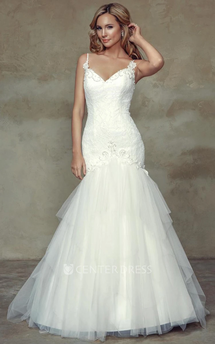 Mermaid Sleeveless Floor-Length Appliqued Spaghetti Lace&Tulle&Satin Wedding Dress With Ruffles And Backless Style
