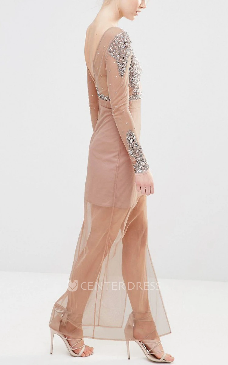 Long-Sleeve Scoop-Neck Chiffon Bridesmaid Dress With Beading