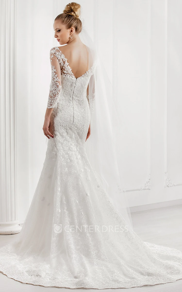 Mermaid Appliqued V-Neck 3-4 Sleeve Lace Wedding Dress With Court Train