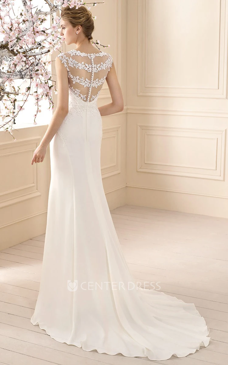 Sheath Strapped Floor-Length Sleeveless Appliqued Chiffon Wedding Dress