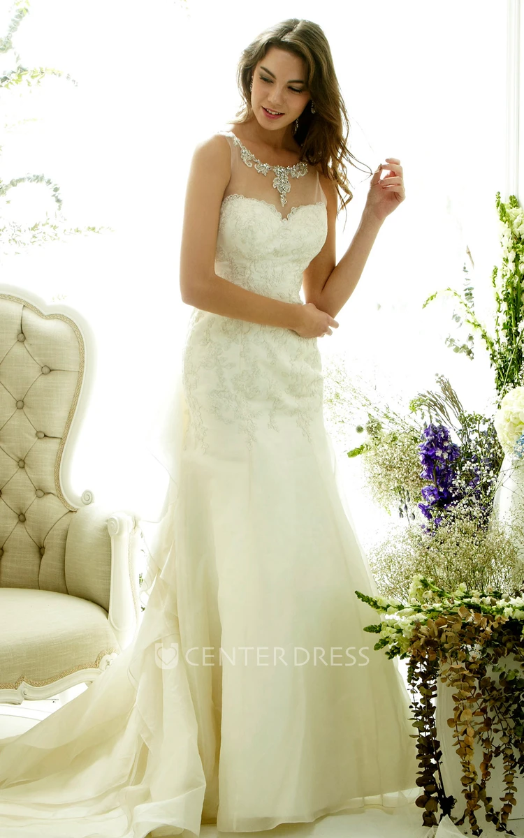 Trumpet Sleeveless Beaded Scoop Long Wedding Dress With Ruffles And Appliques
