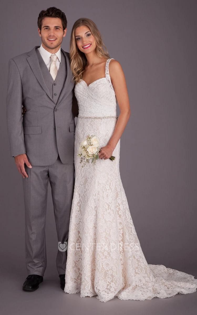 A-Line Sleeveless Jeweled Floor-Length Lace Wedding Dress With Criss Cross And Keyhole Back
