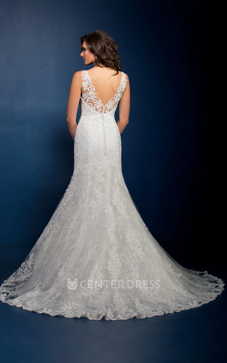 Sleeveless V-Neck Mermaid Gown With Appliques And V-Back