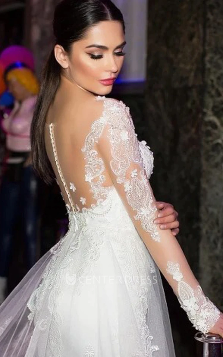 Modern A Line Floor-length Long Sleeve Lace Wedding Dress with Appliques
