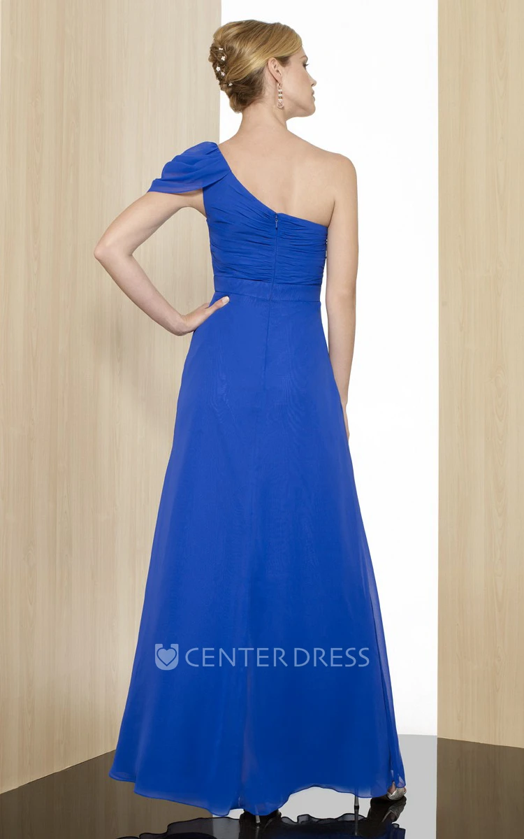A-Line One-Shoulder Floor-Length Ruched Chiffon Formal Dress With Beading And Epaulet