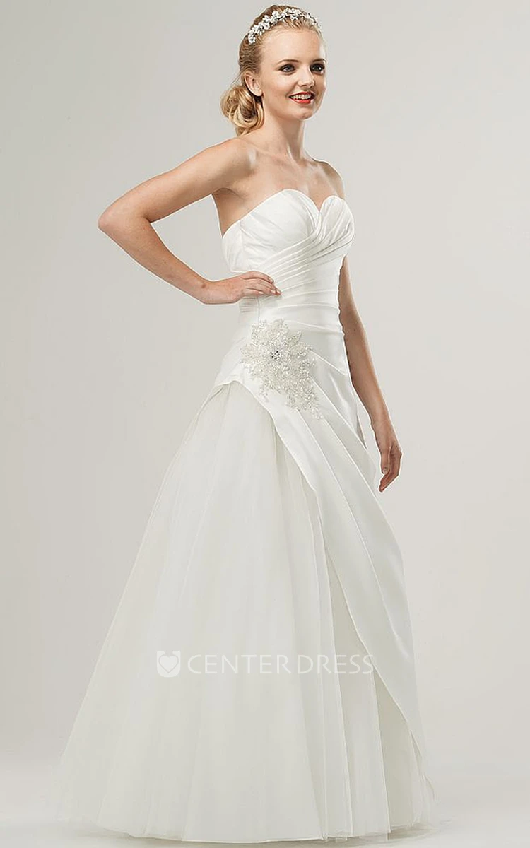 Sweetheart Floor-Length Beaded Satin Wedding Dress With Criss Cross And Corset Back