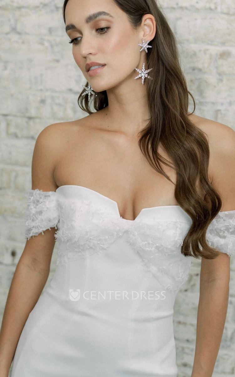 Satin Off-the-shoulder Sheath Sleeveless Floor-length Open Back Wedding Dress With Lace