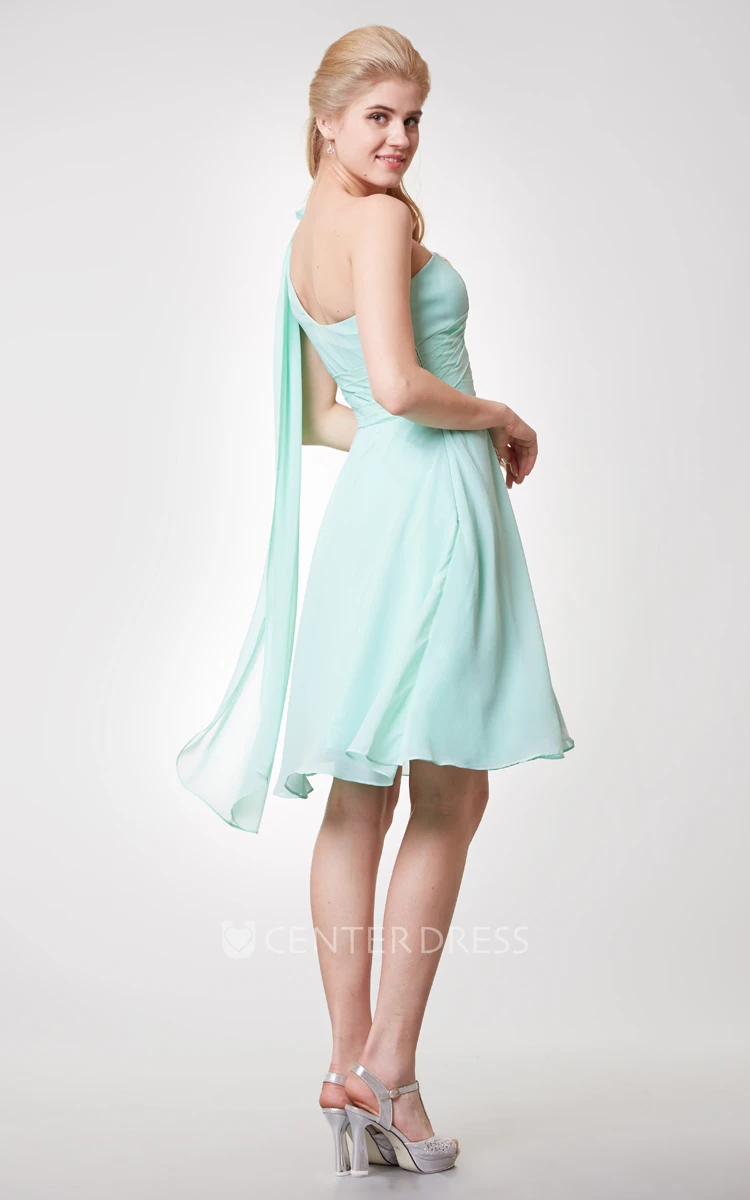 One-shoulder A-line Chiffon Knee Length Dress With Flower