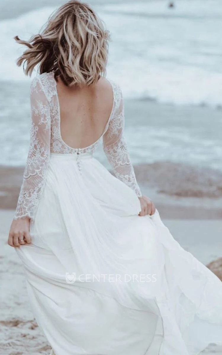 Bohemian Lace Bateau A Line Tulle Floor-length Wedding Dress with Pleats and Split Front