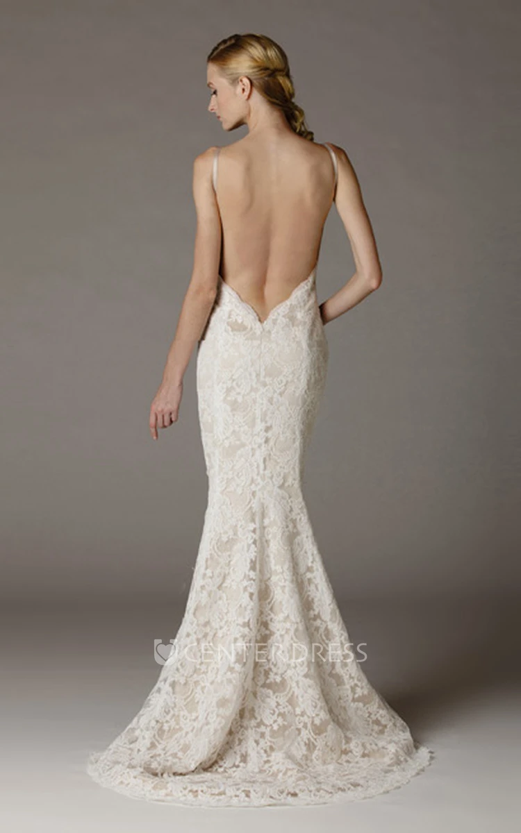 Trumpet Appliqued V-Neck Sleeveless Long Lace Wedding Dress With Flower