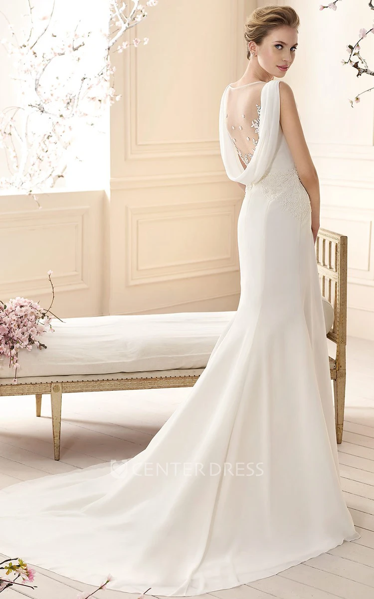 Sheath Cowl Neck Floor Length Appliqued Sleeveless Chiffon Wedding Dress