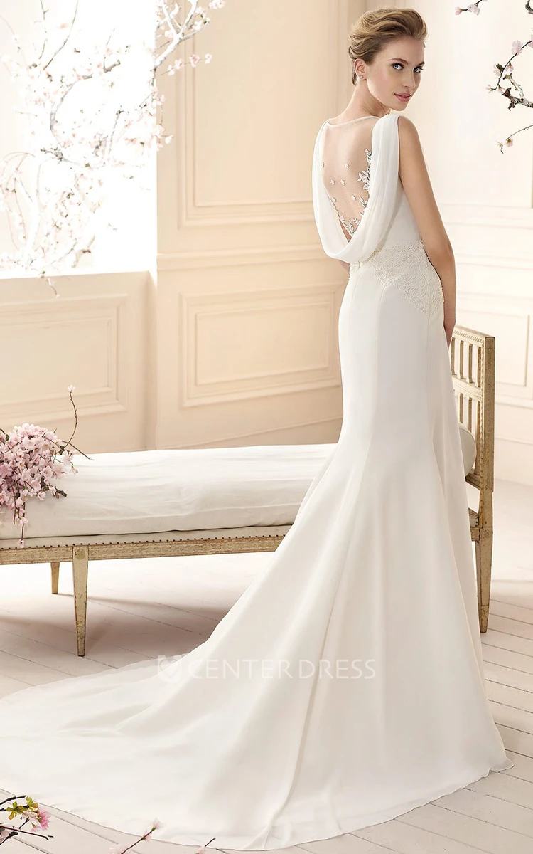 Sheath Cowl-Neck Floor-Length Appliqued Sleeveless Chiffon Wedding Dress
