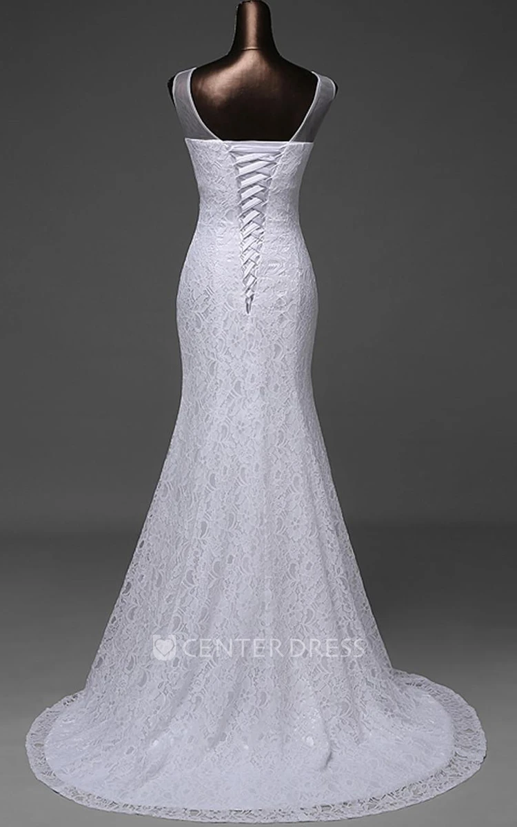 Trumpet Tea-Length V-Neck Sleeveless Beading Appliques Sweep Train Backless Lace-Up Back Lace Dress