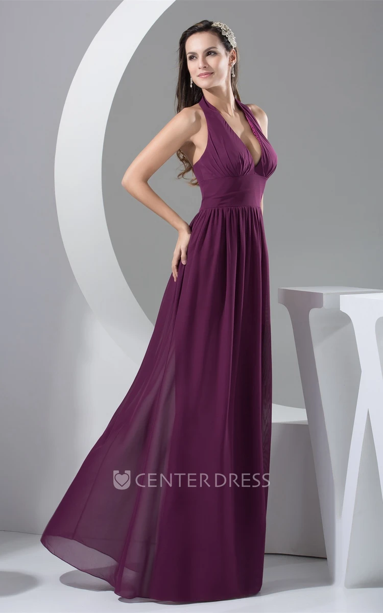 Halter Plunged Backless Chiffon A Line Maxi Formal Dress with Pleats