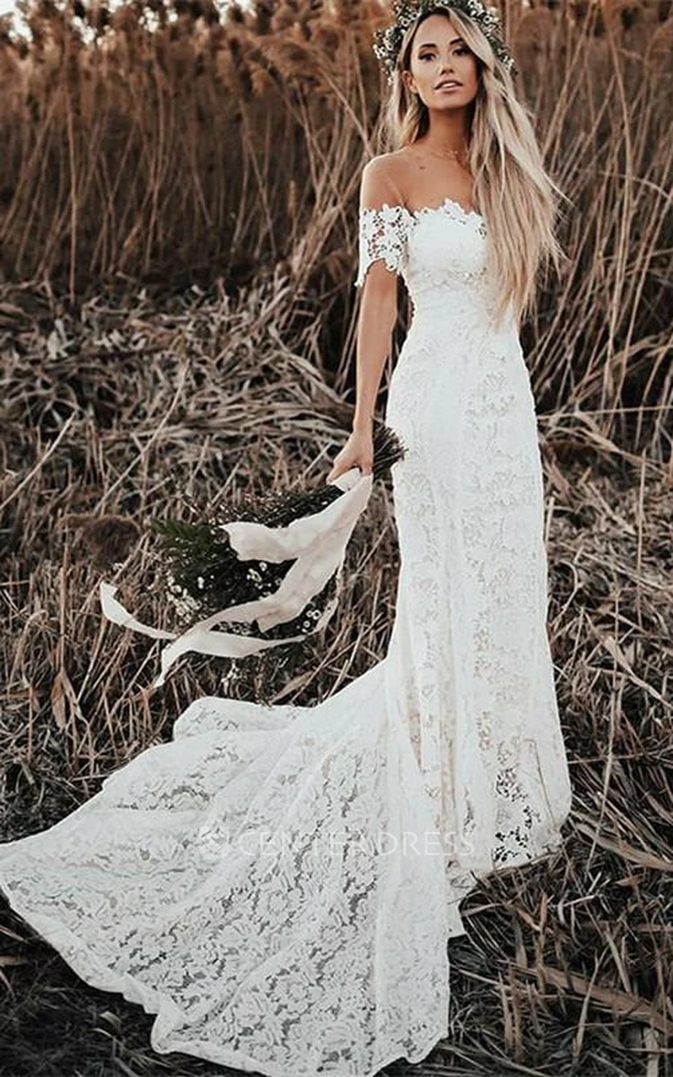 Bohemian Country Style Lace Off-the-shoulder Short Sleeve Wedding Dress