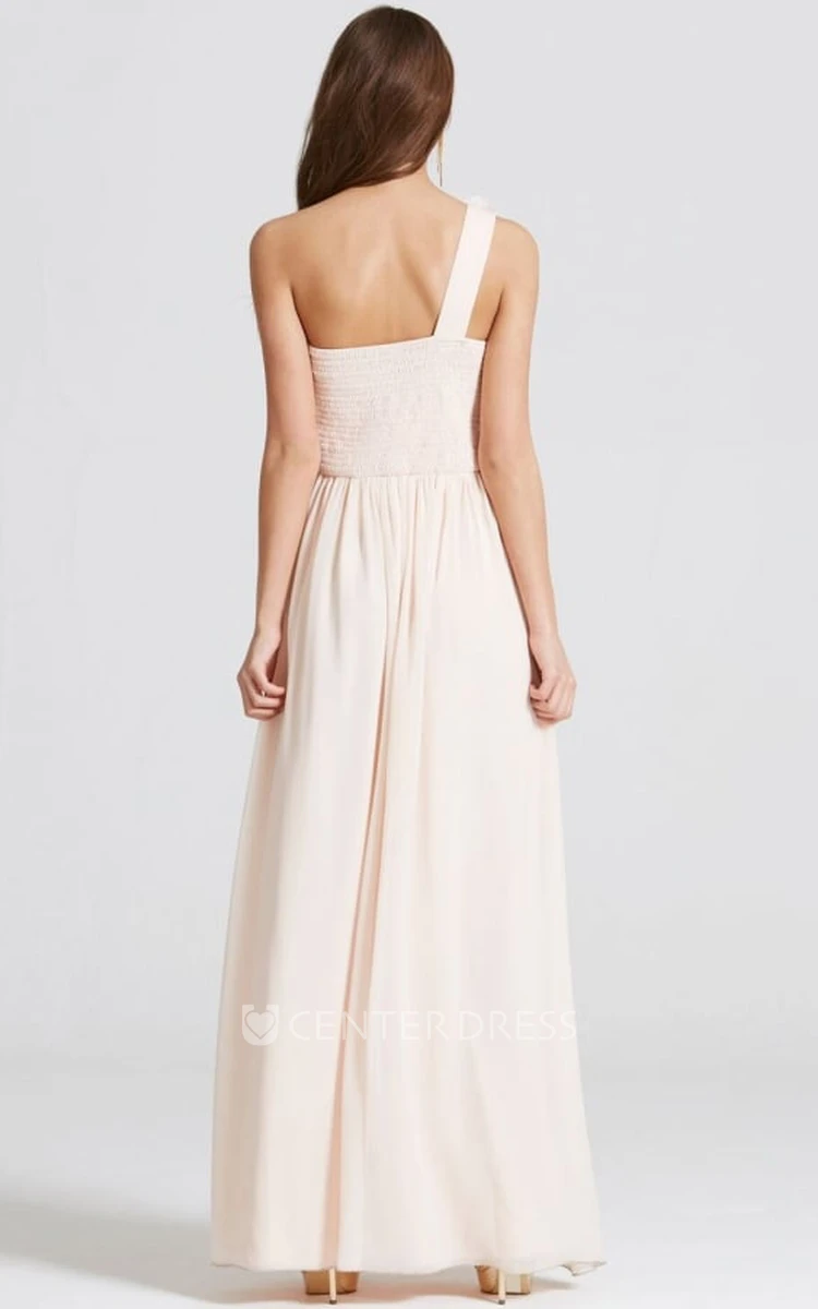 Floor-Length One-Shoulder Sleeveless Floral Chiffon Bridesmaid Dress