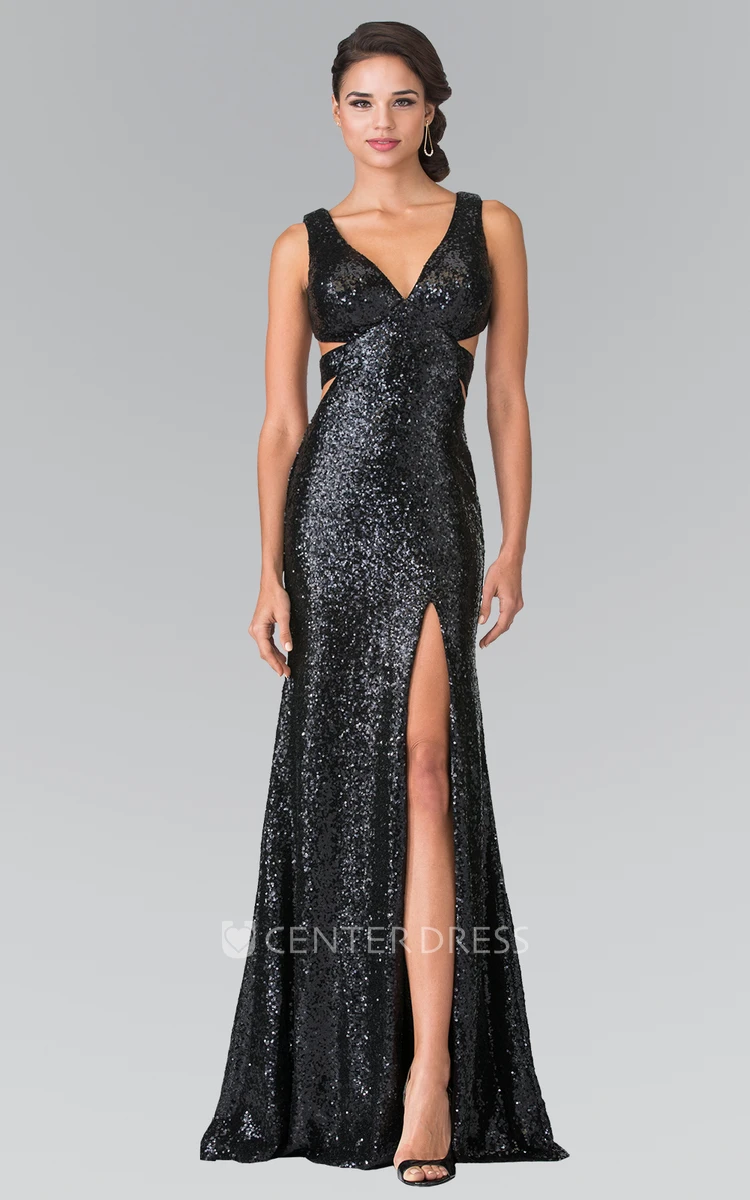 Sheath Long V-Neck Sleeveless Sequins Backless Dress With Split Front And Pleats