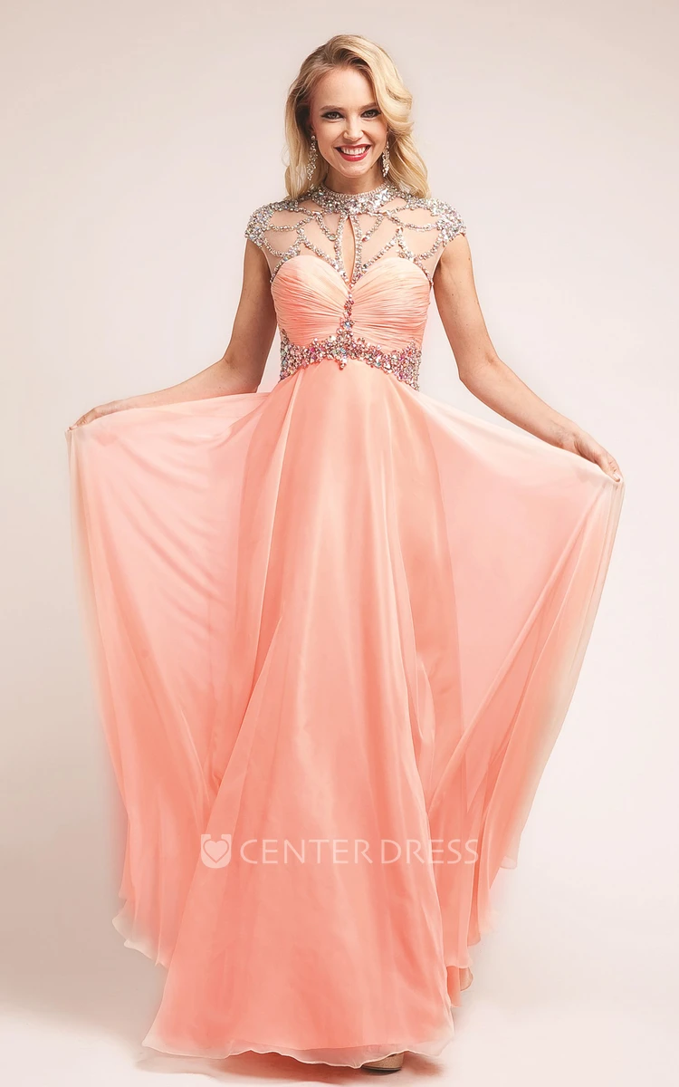 Sheath Floor-Length High Neck Cap-Sleeve Dress With Ruching And Beading
