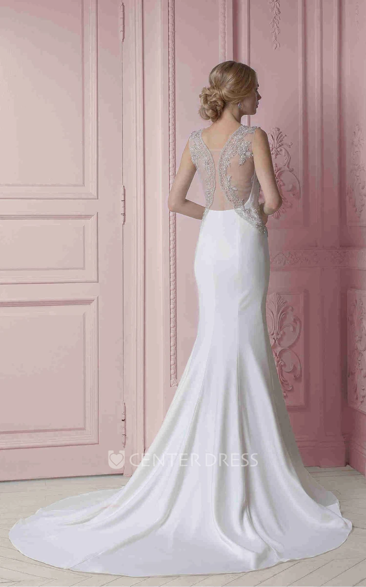 Sheath Beaded Floor-Length V-Neck Sleeveless Stretched Satin Wedding Dress