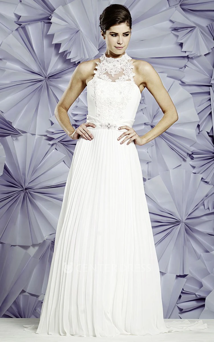 A-Line Floor-Length High-Neck Sleeveless Appliqued Chiffon Wedding Dress With Pleats And Waist Jewellery