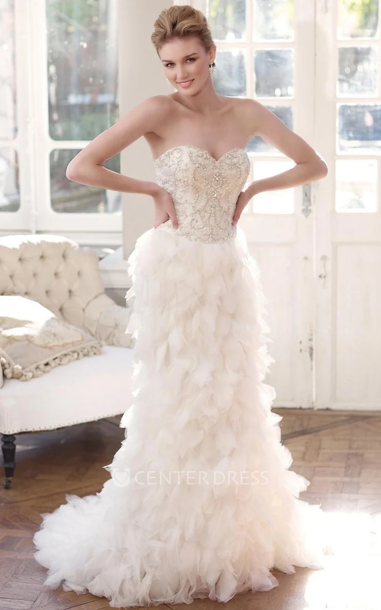 Sheath Beaded Sweetheart Tulle Wedding Dress With Cascading Ruffles And Lace Up