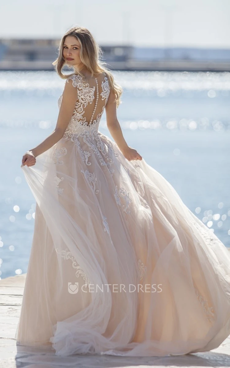 A-Line Lace Elegant Scalloped Sleeveless Wedding Dress with Illusion Back