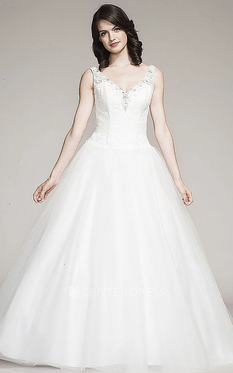 Ball Gown Sleeveless V-Neck Floor-Length Beaded Tulle&Lace Wedding Dress With Appliques