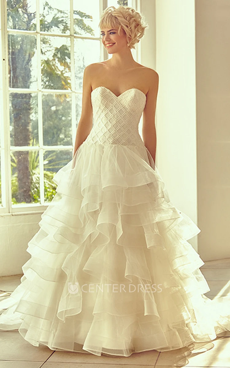 Long Sweetheart Tiered Organza Wedding Dress With Court Train And V Back