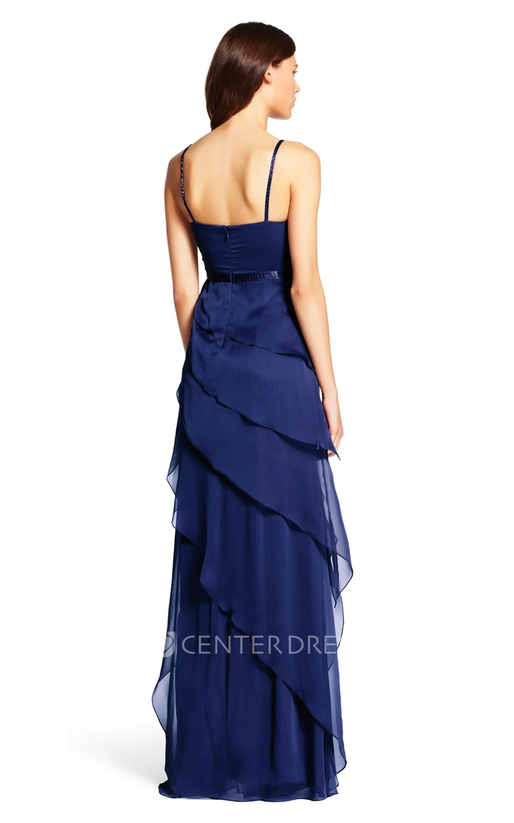 A-Line Ruched Spaghetti Sleeveless Floor-Length Chiffon Bridesmaid Dress With Waist Jewellery And Draping