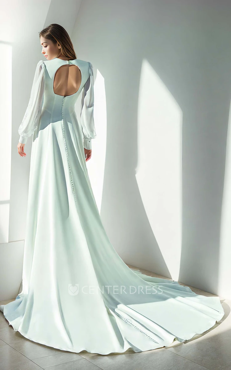 Elegant Sexy Satin Plunging V-neck A-Line Lace Appliques Long Sleeves Wedding Dress Vintage Solid Court Floor-length Button Back Bridal Gown