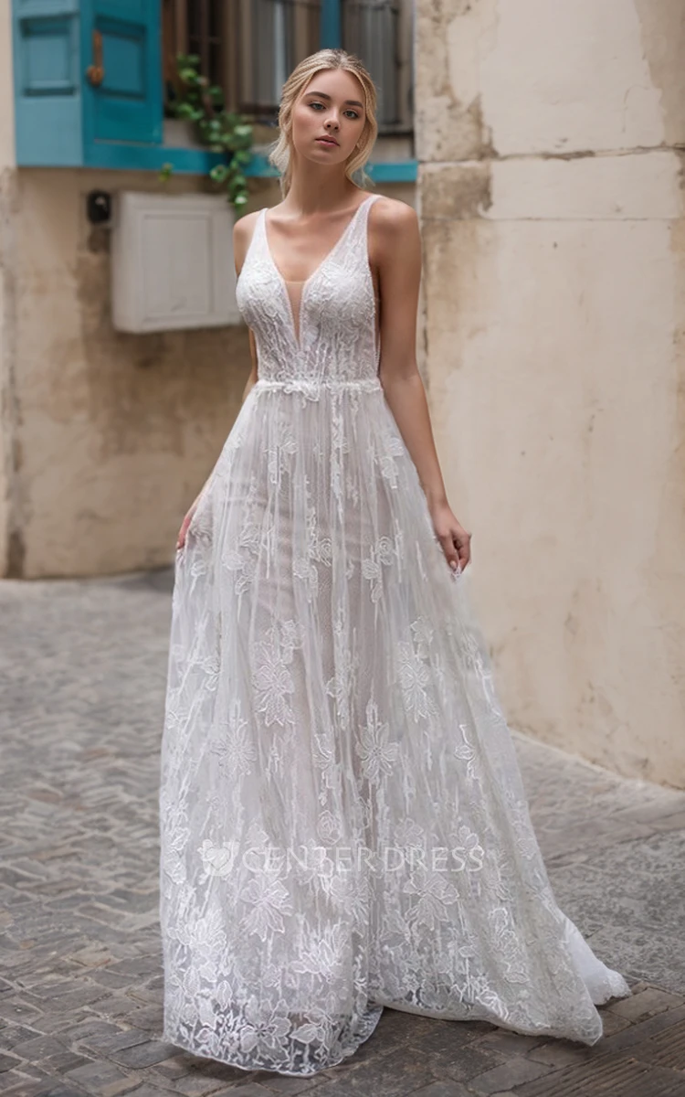 Modern Delicate A-Line Boho Lace Wedding Dress Floral Elegant Backless Floor Length Vow Renewal Bridal Gown